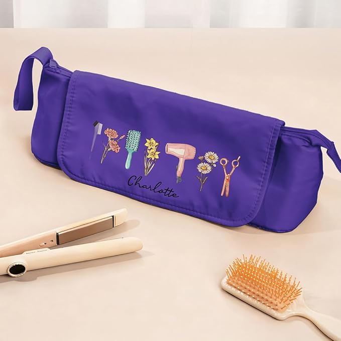 callie Custom Hair Tools Travel Bag, Personalized Portable Hair Accessories Organizer Case Storage Pouch with Heat Resistant Mat, Birth Flower Gifts for Women Men, 18" x 4.7" × 5.9"