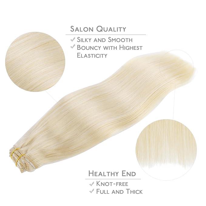 WENNALIFE Clip in Hair Extensions Real Human Hair, 14 Inch 120g 7pcs Platinum Blonde Hair Extensions Clip in Human Hair Remy Clip in Hair Extensions Real Human Hair Double Weft