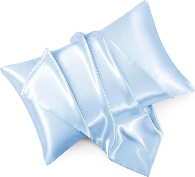 Light Blue Satin Pillowcase Standard Set of 2 with Envelope Closure，Light Blue Silk Pillowcase for Hair and Skin (20x26)