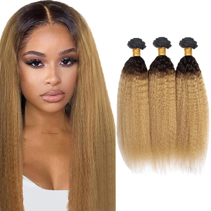 30 32 34 Inch Ombre Blonde Bundles Human Hair 1B27 Kinky Straight Bundles Niegmeag Virgin Remy Hair Extensions 2 Tone Black and Honey Blonde Yaki Bundle 150g