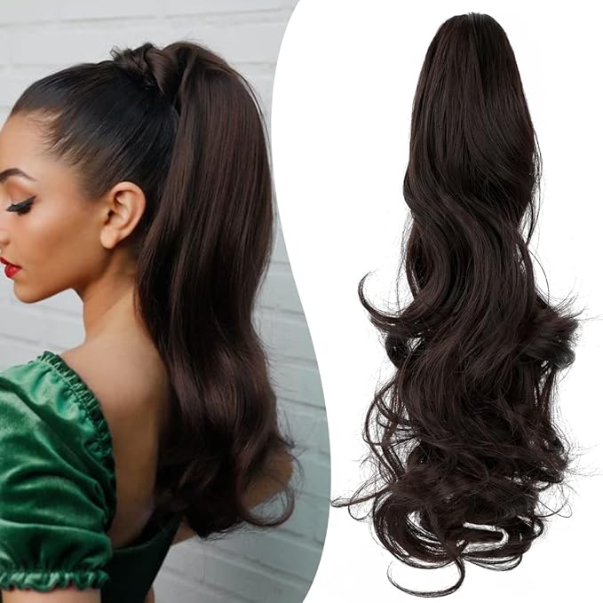 Claw Clip Ponytail Extension 18" Clip in Wavy Ponytail Hair Extensions Long Pony Tails for Women Extensions Dark Brown Wave Hairpiece