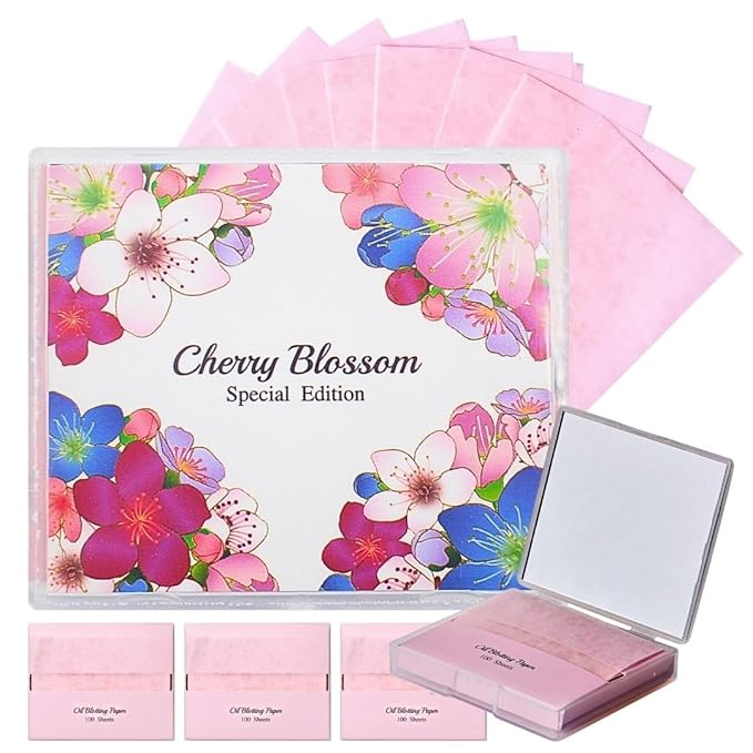 [400 Counts + Mirror Case] Cherry Blossom Natural Oil Blotting Paper for Face with Mirror Compact and Refills