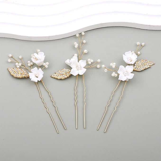Handmade 6 Piece Flower Wedding Hair Accessories Elegant Bridal Hair Pins with Adorable Flowers Sparkling Rhinestone Gold Leaves and Pearl Accents for Women Brides and Bridesmaids (Gold)