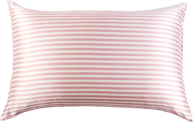 THXSILK Mulberry Silk Pillowcase for Hair and Skin Health, Grade 6A+ Mulberry Silk Pillowcase with Hidden Zipper, Soft and Breathable, 1pc (King 20"x36", Pink White Stripes)