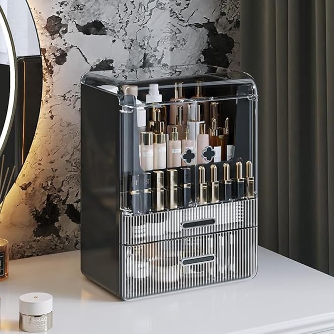Acrylic Makeup Organizer with Drawers – 38.5CM Large Capacity Cosmetic Storage Box, Dustproof & Waterproof Vanity Organizer for Skincare, Jewelry, Lipsticks & Beauty Products (Black)