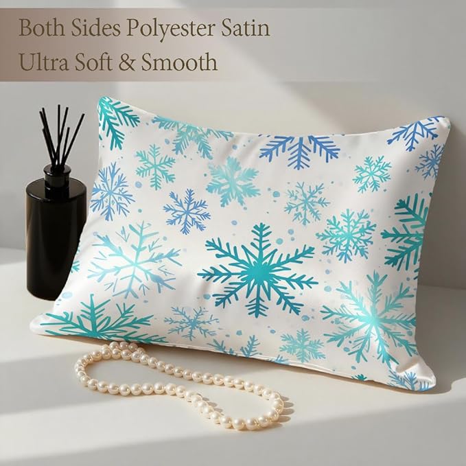 1 Pack Satin Pillowcase for Hair and Skin Blue and Turquoise Snowflakes Imitation Silk Pillowcase with Hidden Zipper Soft Breathable Pillow Cover Standard Size for Bedroom Sofa 20”x26”