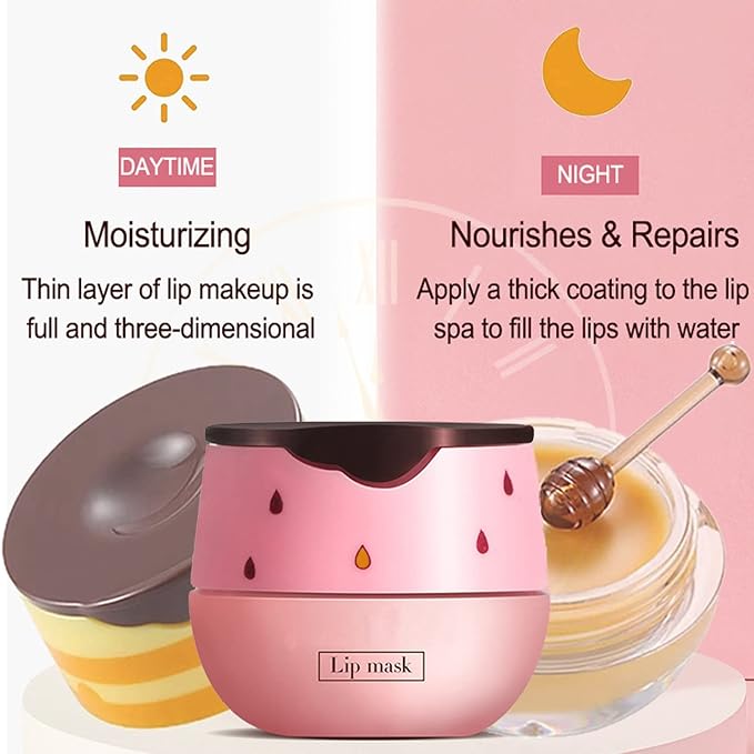 Bee Lip Balm Honey Pot, 4 PCS Strawberry & Honey Lip Masks Hydrating Prevention Dry and Cracked Lip Scrubs Exfoliator，Lip Sleep Mask Reduces Lip Lines，Lip Exfoliating Bee Lip Balm Sleeping Lip Mask