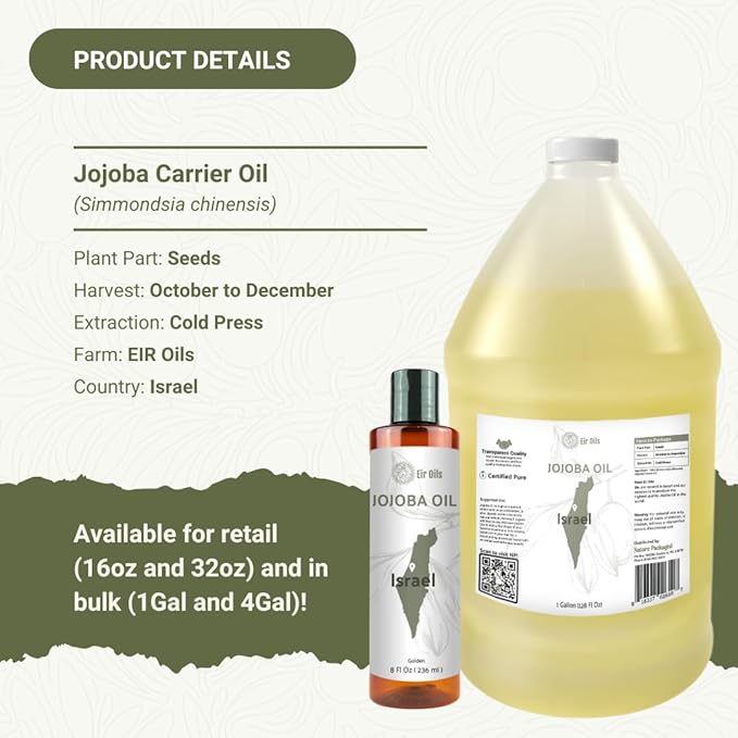 Jojoba Oil - Direct from EIR Oils' Farm in Israel - 100% Pure Carrier Oil for Hair, Face, and Skin - Hand-Picked, Cold-Pressed Carrier Oil (4 Gallons)