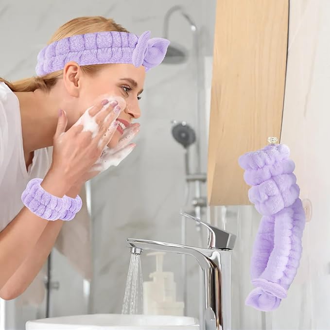 Face Wash Headband and Wristband Set, 1 Set, Purple, Microfiber, for Women, Hairband Set, Keep Hair Dry, Prevent Water from Running Down Arms during Face Washing, 1 Count