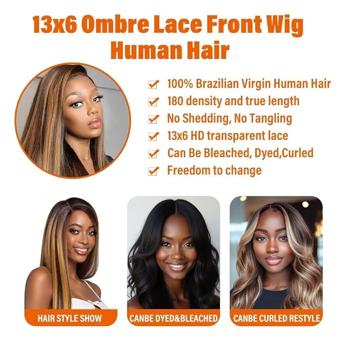 13x6 Ombre Lace Front Wigs Human Hair for Women 180 Density 4/27 Highlight Colored HD Transparent 24 Inch Straight Lace Front Wig Human Hair Pre Plucked Glueless Lace Frontal Wigs