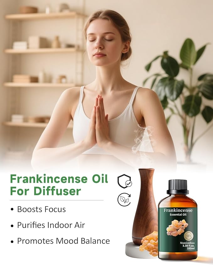 Mumianhua 100% Pure Frankincense Essential Oil Natural Frankincense Oil for Aromatherapy Therapeutic Grade Resin Oil for Skin, Meditation Diffuser & Candle Making | for Home & Office Focus 3.38 Fl Oz