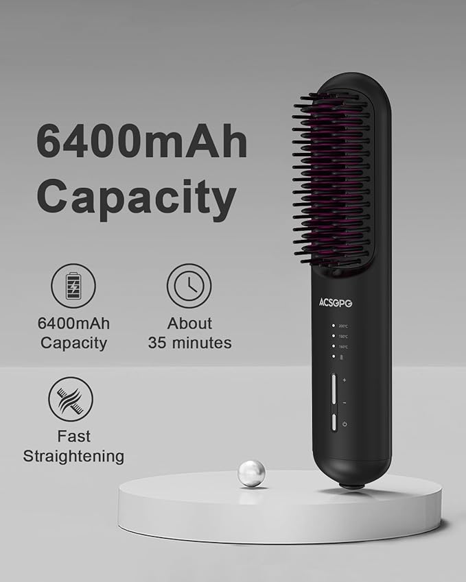 Rechargeable Hair Straightener Brush - 6400mAh Large Capacity Battery - Portable Straightening Brush Comb - Mini Cordless Ionic Straightener for Women - Great for Travel & Home ACSGPG