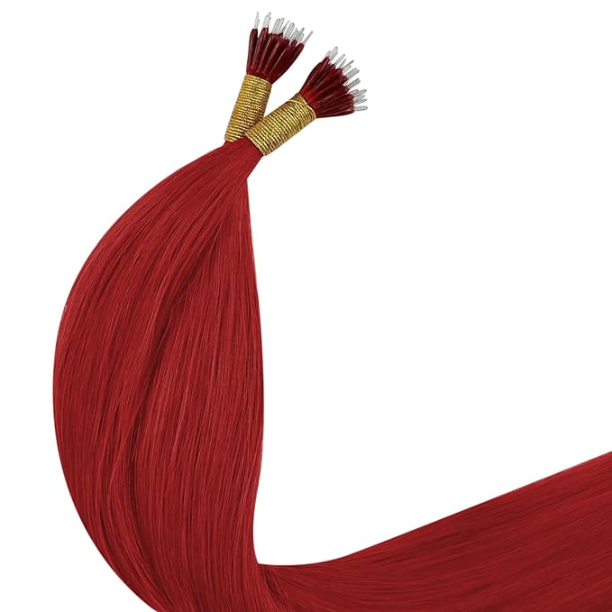 YoungSee Nano Hair Extensions Human Hair Red Long Hair Nano Ring Hair Extensions 24 Inch Nano-Beads Extension Human Hair Red Nanolink Hair-Extension Colored for Party 25g 25s