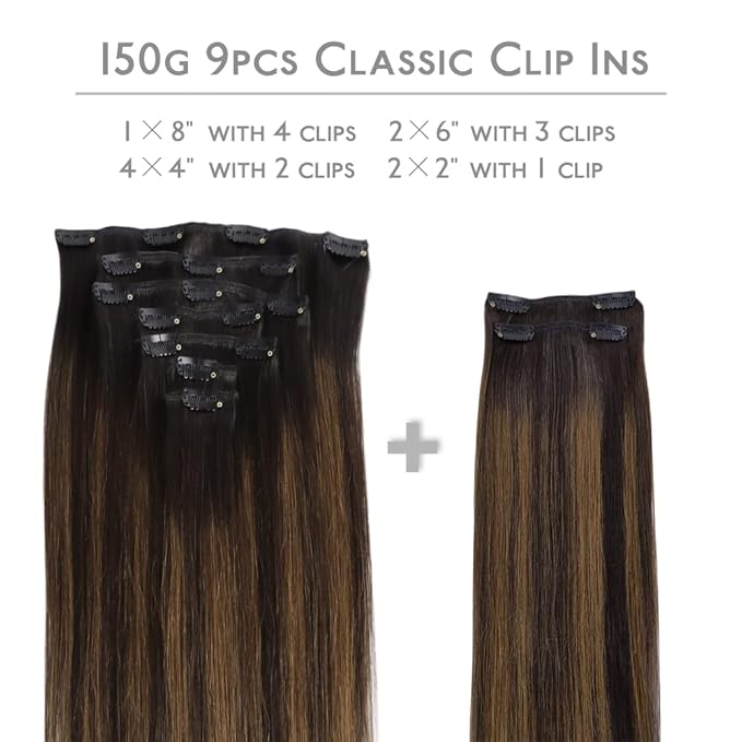 WENNALIFE Clip in Hair Extensions, 150g 24 Inch 9pcs Balayage Dark Brown to Chestnut Brown Remy Hair Thicker Double Weft Extensiones De Cabello Humano Con Clip Ins Straight Full Volume