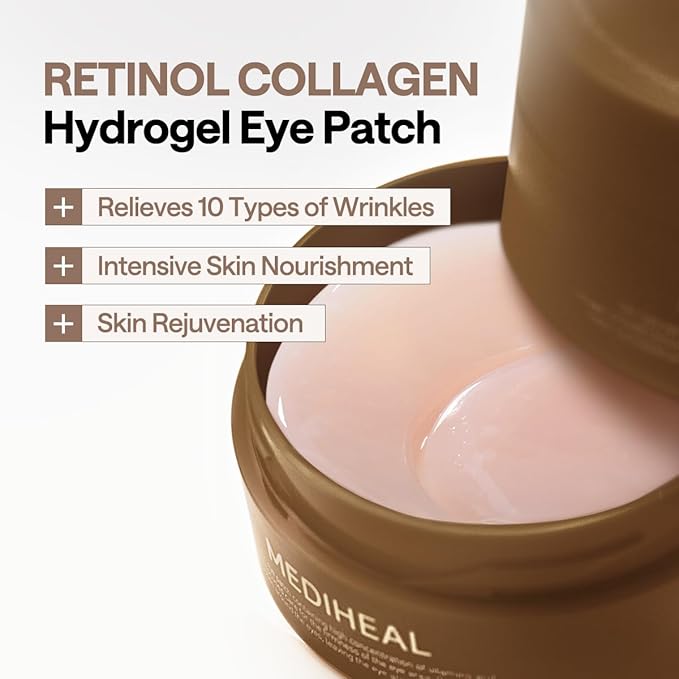 Mediheal Retinol Collagen Under Eye Patches - Korean Hydrogel Eye Pads (60 patches) with 95% Retinol & 5 Micro Collagen. Nourishing & Non Irritating Eye Gel Mask. Sealing Cap & Spatula Included.
