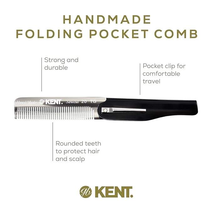 Kent 20T Handmade Folding Pocket Comb for Men, Fine Tooth Hair Comb Straightener for Everyday Grooming Styling Hair, Beard or Mustache, Use Dry or with Balms, Saw Cut Hand Polished, Made in England