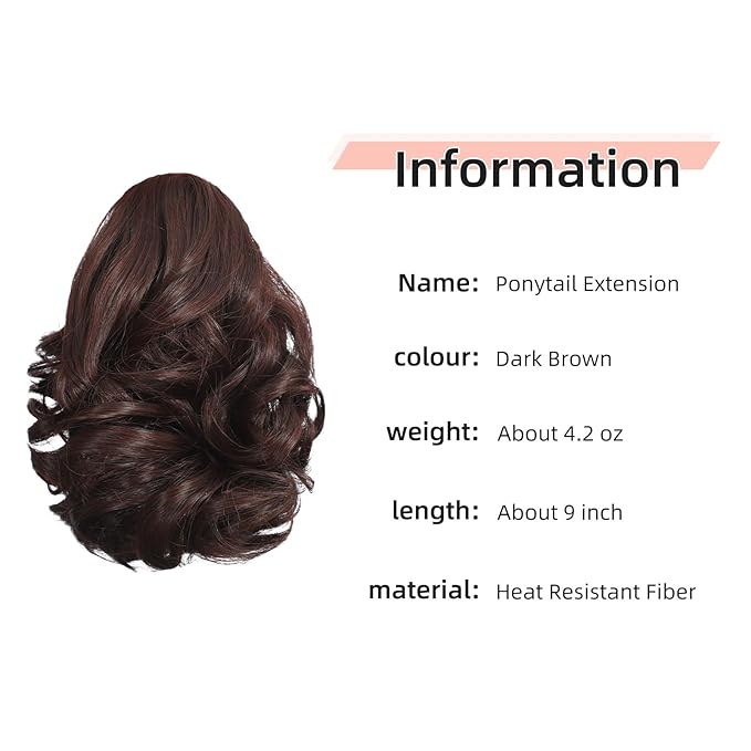 Ponytail Extension, Clip on Ponytails for Women, 9" Claw Clip in Short Curly Wavy Pony Hair Extension for Women - Brunette