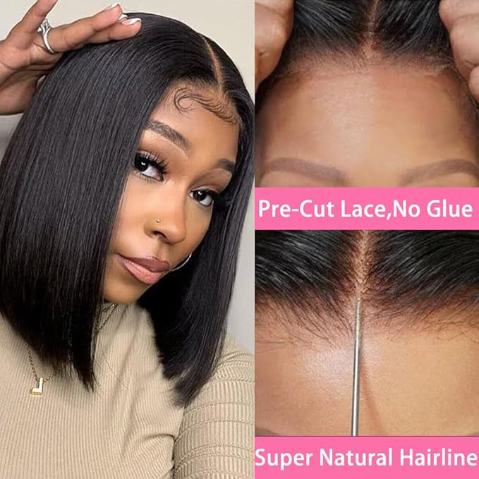 Wear and Go Glueless Bob Wig, 16 Inch, 180% Density, Human Hair, Natural Black, No Shedding, No Tangle, Adjustable Elastic Cap