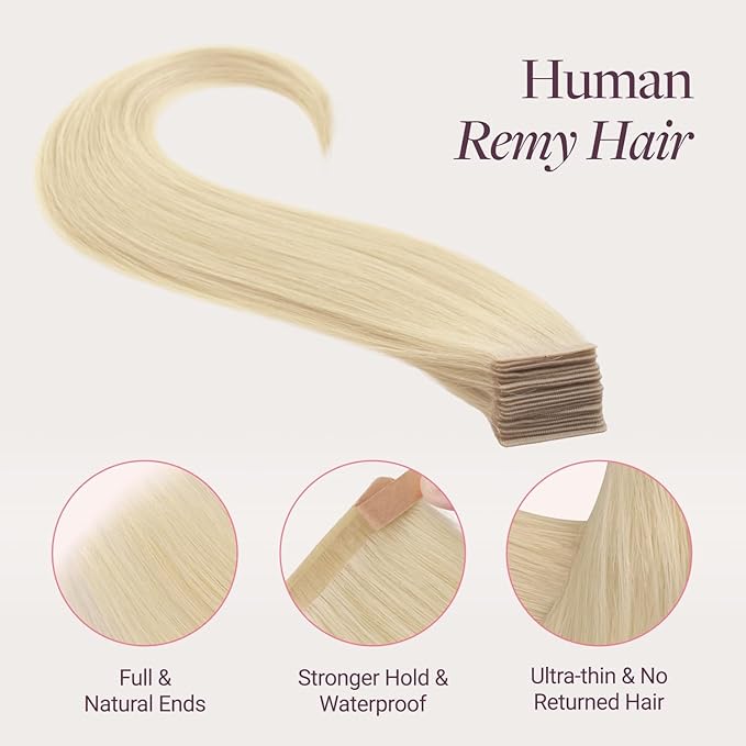 GOO GOO Genius Tape in Hair Extensions, Hand Tied Tape Weft, 60A Platinum Blonde, 16inch 50g 20pcs, Remy Human Hair, Seamless Invisible Tape, Natural Blend, Lightweight
