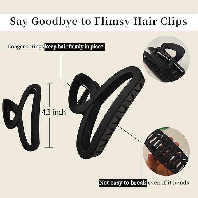 Hair Claw Clips, 4.3 Inch Non-Slip Unbreakable Matte Hair Claws for Women Medium Thick Long Hair, 4 Pack