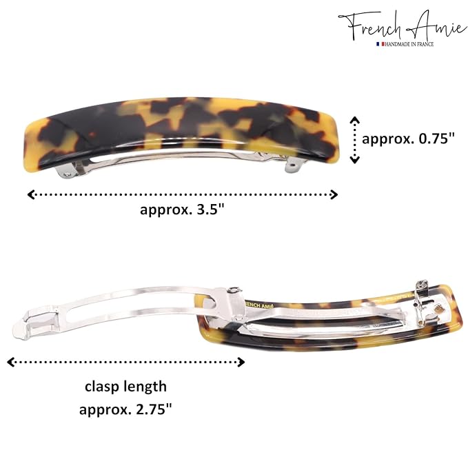 French Amie Oblong Handmade 3.5" Celluloid No Slip Hair Clip Barrette for Women, Made in France (Tokyo Shell)