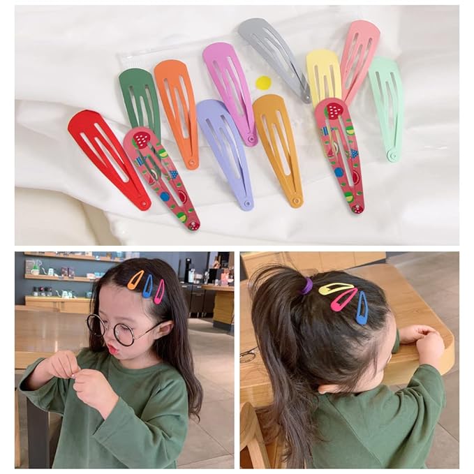 KUBOM 100 Pcs Snap Hair Clip for Girls - Metal Barrettes and Fruity Hair Clips for Toddler Girls or Women,Cute Solid Candy Color Hair Accessories