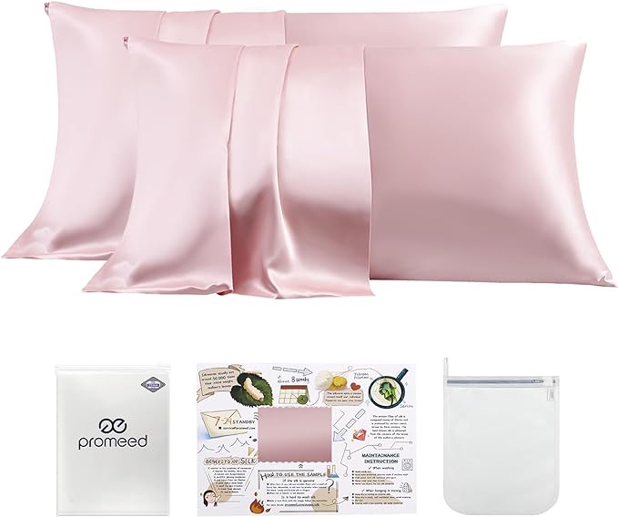PROMEED 23 Momme Silk Pillowcase 2 Pack, Both Sides 100% 23 Momme Mulberry Silk Pillow Case Set of 2, Hidden Zipper Closure for Easy Set (Queen 20"x30", Pink)