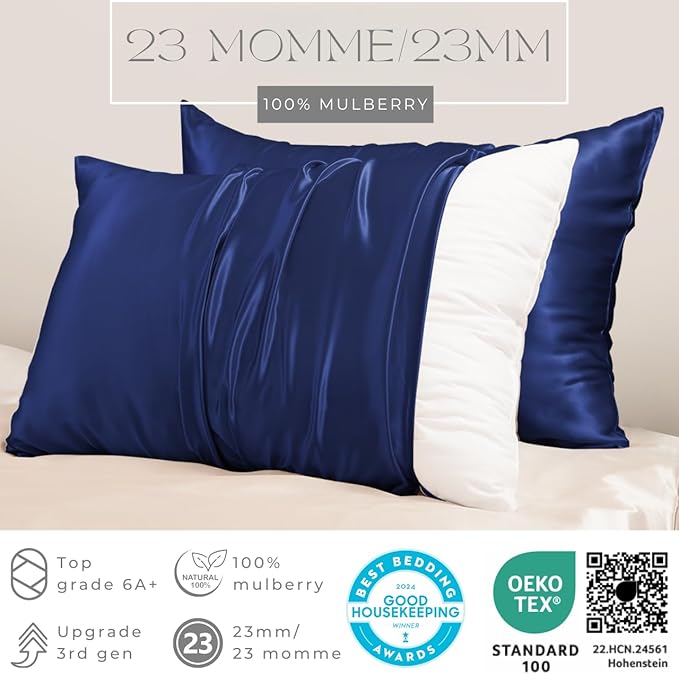 PROMEED 23 Momme Silk Pillowcases 2pcs Set, Mulberry Silk Pillow Case Set of 2, Ultra Soft Silk Pillowcase for Hair and Skin (Queen 20"x30", Navy)