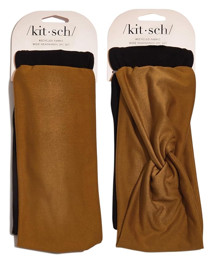 Kitsch Wide Headbands for Women - Fashion Sports Headband for Workout, Yoga, Gym, Running, Exercise | Stretchy Head Bands | Ideal Gifts for Women - Black and Camel, 2pcs