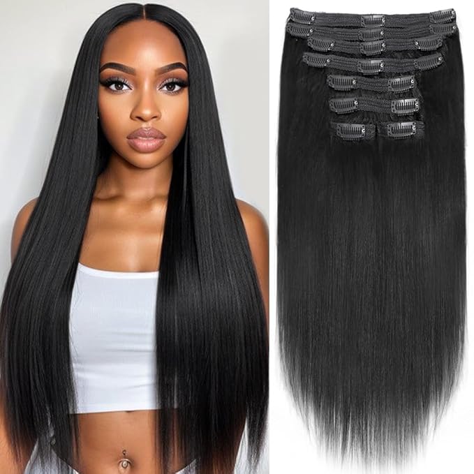 Yaki Straight Clip in Hair Extensions Real Human Hair 8Pcs Remy Human hair Clip ins for Women, Natural Soft Human Hair 120g 26inch #1B Natural Black