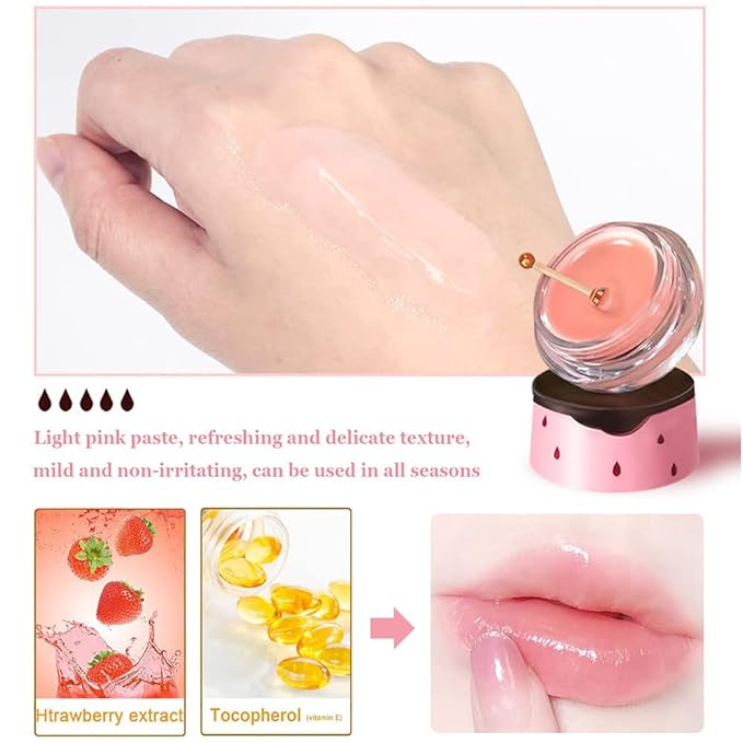 Strawberry Lip Balm Honey Pot, Hydrating Prevention Dry and Cracked Lip Scrubs Exfoliator, Reduces Lip Lines, Moisturizing Lip Balm Sleeping Lip Mask