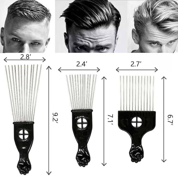 Black Metal Afro Pick Combs for Curly Hair - Detangle & Style Comb for Women and Men, Durable Plastic & Metal, Fist Design for Hair Styling, Perfect for Wigs (3 Pack Hair Comb, Count, 3)