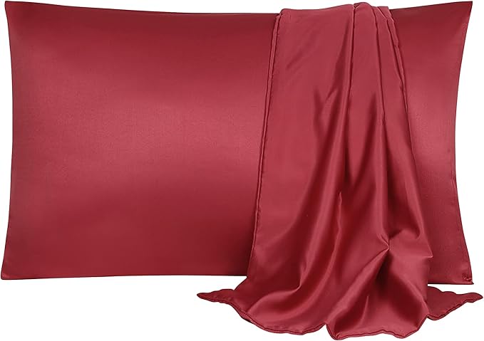 uxcell 2 Pack Silk Satin Pillowcase for Hair and Skin, Cool, Silky, Soft Breathable Pillow Cases King Size 20x36 Inch Sateen Pillowcase Burgundy with Envelope Closure