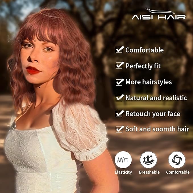 AISI HAIR Synthetic Wavy Curly Bob Wig with Bangs Ginger Orange Short Wigs for Women Synthetic Heat Resistant Bob Wigs