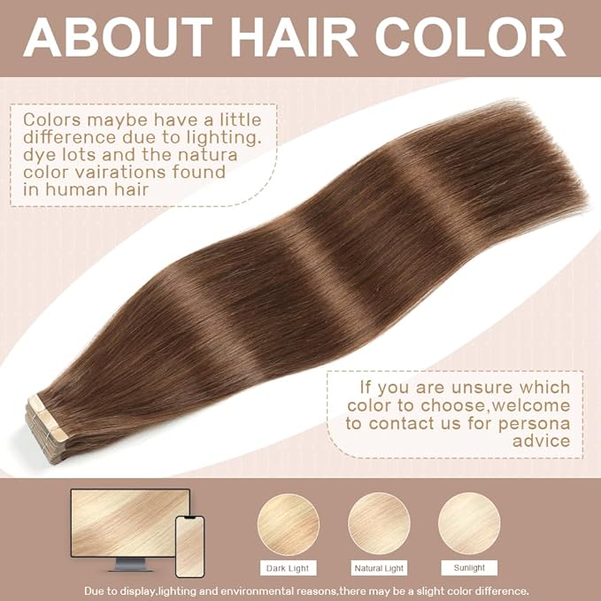 Tape in Hair Extensions Human Hair 16 Inch 20pcs Invisible Tape ins Hair Extensions Real Human Hair Chocolate Brown Remy Seamless Injected Tape Extensions