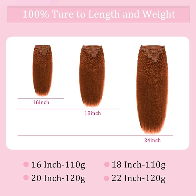 Copper Human Hair Clip Ins 120g 8pcs Colorful Kinky Straight Clip in Hair Extensions Real Human Hair Clip in for Women Soft Hair Extensions Easy Application (#350 22inch)
