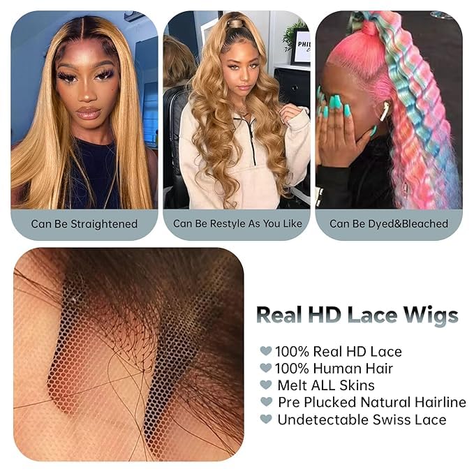 AMIRTY 200% density 13x6 Honey Blonde Lace Front Wigs Human Hair 13x6 Body Wave Lace Frontal Human Hair Wigs for Women Ombre HD Transparent Lace Front Wig 20 inch