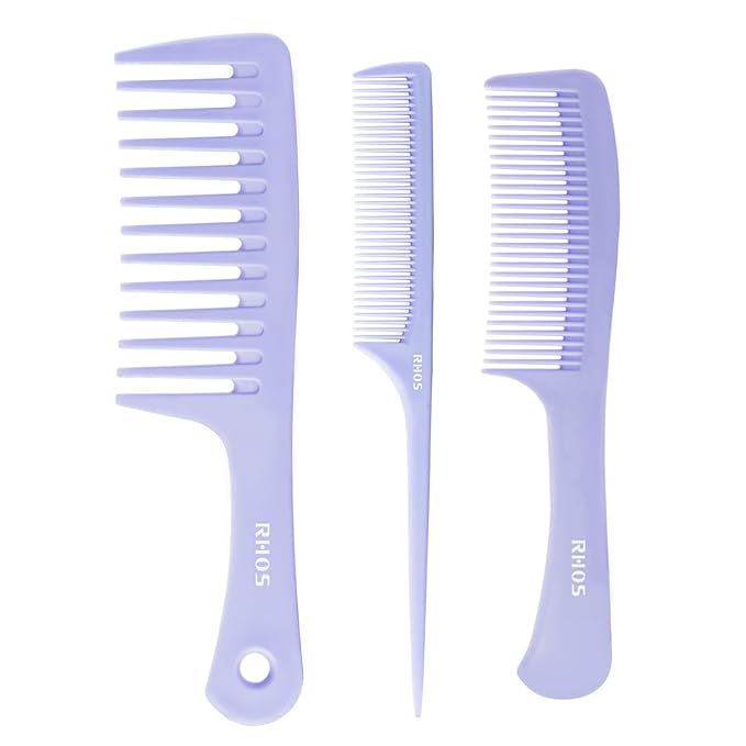 RHOS Hair Comb Set for All Hair Types and Genders - Wide, Fine Rat Tail, and Medium Detangling Combs for Styling (Purple)
