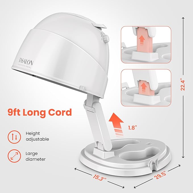 TASALON Ionic Hooded Dryer - 1875W Bonnet Dryer, 3 Heating Settings, Sit Under for Home and Salon, Portable Hair Dryer with Hood, Height Adjustable Hooded Hair Dryer- White