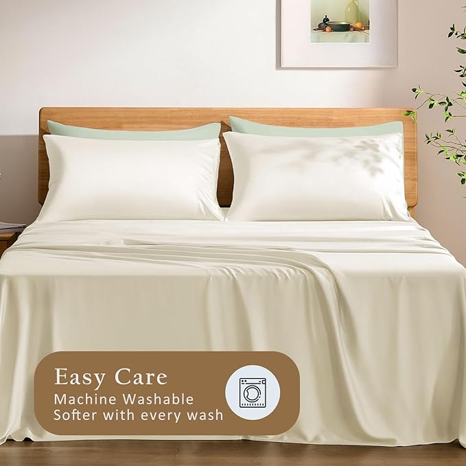 TOSMO Luxury Pillow Case Set of 2 - Cooling Viscose Derived from Bamboo - Oeko-TEX, Breathabl Silky Soft Pillow Cases with Envelope Closure (Standard / 20x26, Beige)