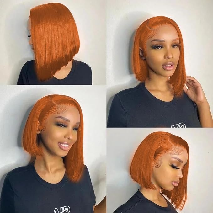 250% Density Ginger Bob Wig Human Hair 13x4 HD Lace Closure Wig Orange Bob Human Hair Wig with Baby Hair Short Straight Bob Colored Wig for Women 14 Inch