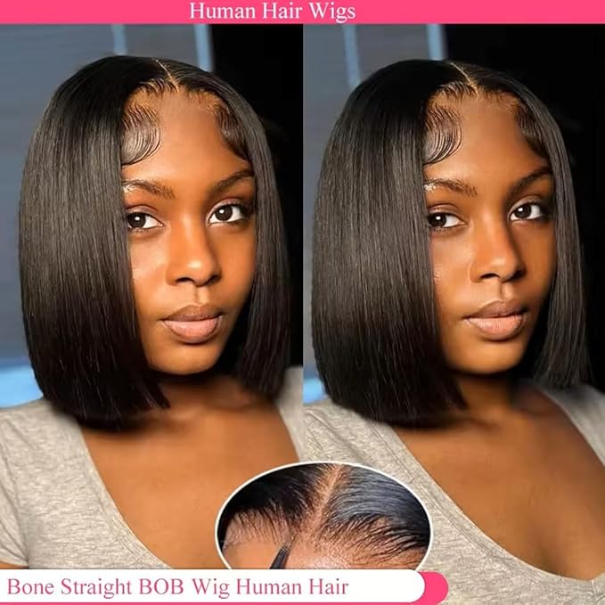 Bob Wig Human Hair 13X4 Lace Front Wigs Human hair Short Straight Frontal Bob Wig HD Transparent Lace Frontal wigs Pre Plucked for Women Glueless Wigs With Baby Hair Natural black10Inch-4