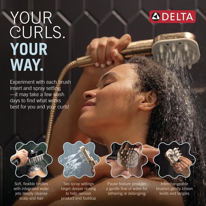 Delta VersaCurl Detangling Handheld Shower Head Tool for Curly Hair with 3 Curl Defining Brush Inserts Included, Detangler Brush Hand Shower with Hose, Champagne Bronze 74B430CZ