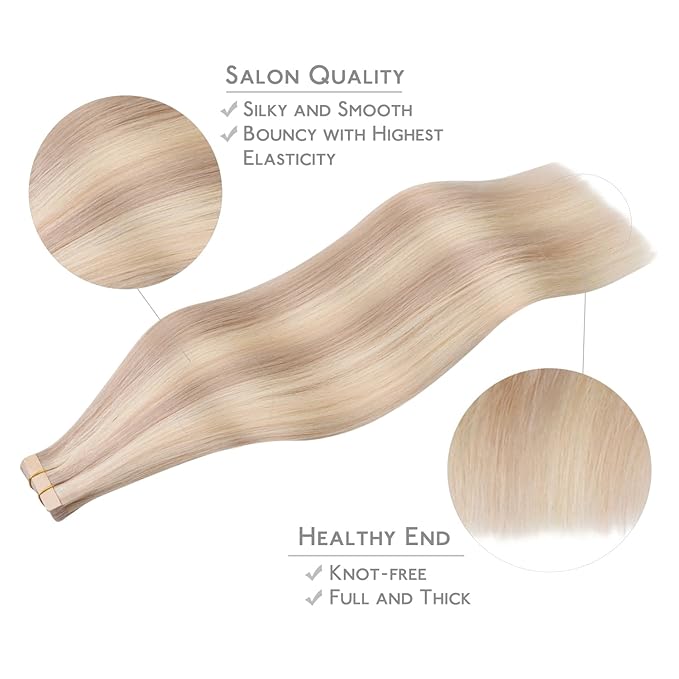 WENNALIFE Tape in Hair Extensions Human Hair, 20pcs 50g 14 inch Balayage Light Wheat Platinum Blonde Remy Hair Extensions Straight Human Hair Tape in Extensions Skin Weft Tape Extensions Human Hair