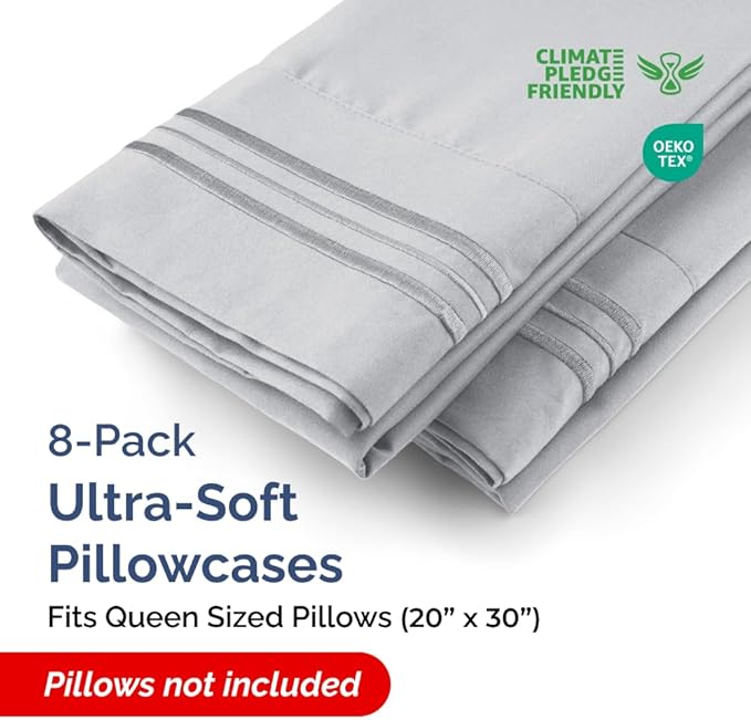 Queen Pillow Cases Set of 8 - Ultra Soft Hotel Quality Pillowcase Covers - Comfy, Cozy & Wrinkle Free - Shrink, Stain & Fade Resistant - Machine Washable Pillow Protectors - 8 Piece Set - Steel Blue
