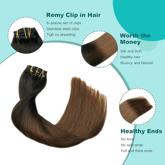 SURNEL Clip in Human Hair Extensions 18 Inch 6pcs 120g Natural Black to Chocolate Brown Double Drawn Clip Hair Extensions (#1BT4,18'')