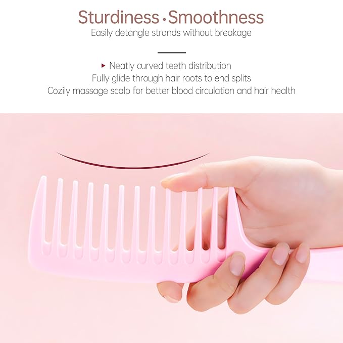 Wide Tooth Comb for Women Curls Styling, Pink Large Hair Comb for Wet or Dry Use in Shower, Blow Drying, Travel - Hurt-Free Brushing on All Hair Types, 1 Pack