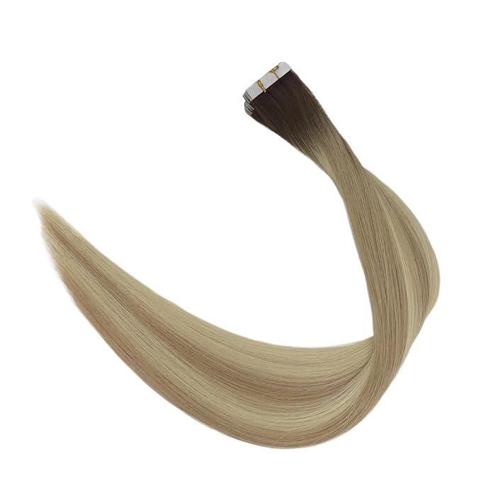Full Shine Invisible Tape in Hair Extensions Human Hair Color 2 Brown Fading to 18 Ash Blonde and 22 Blonde Double Sided Tapes Virgin Injeted Tape in Extensions 14Inch 10Pcs 25Gram for Daily