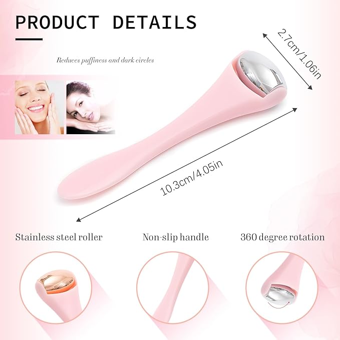 TORMEN Mini Eye & Face Rollers, Stainless Steel Eye Massage Ice Roller, Facial Beauty Tool for reduces puffy eyelids, Dark Circles Relief, Skin Care,muscle soreness,Facial cold compress (2pcs, Pink)