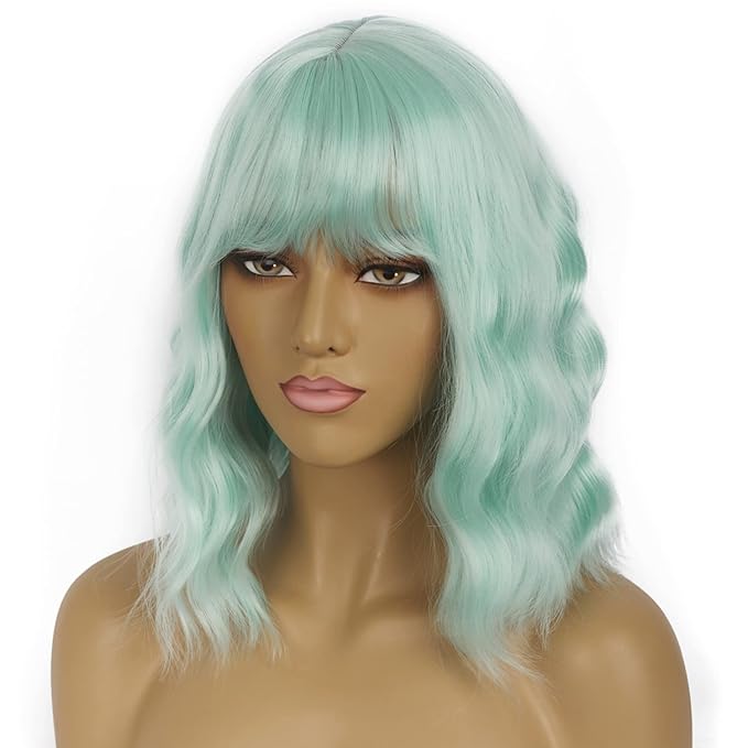 Short Bob Wigs with Bangs for Women Loose Wavy Wig Curly Wavy Shoulder Length Bob Synthetic Cosplay Wig for Girl Colorful Costume Wigs (Mint Green)